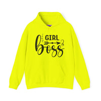 Stylish 'Girl Boss' hoodie available in various colours, featuring bold black text with an arrow design. Perfect for empowering women to showcase confidence and leadership in a cozy and comfortable fit.