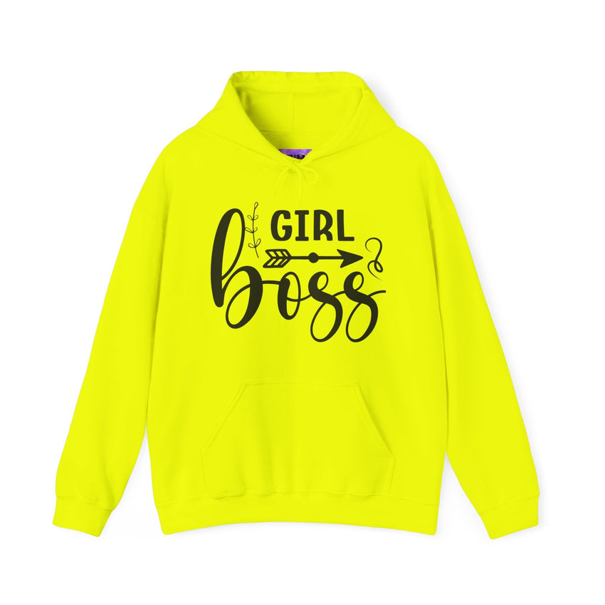 Stylish 'Girl Boss' hoodie available in various colours, featuring bold black text with an arrow design. Perfect for empowering women to showcase confidence and leadership in a cozy and comfortable fit.