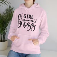 Stylish 'Girl Boss' hoodie available in various colours, featuring bold black text with an arrow design. Perfect for empowering women to showcase confidence and leadership in a cozy and comfortable fit.