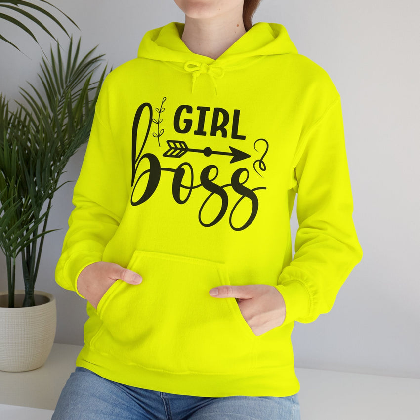 Stylish 'Girl Boss' hoodie available in various colours, featuring bold black text with an arrow design. Perfect for empowering women to showcase confidence and leadership in a cozy and comfortable fit.