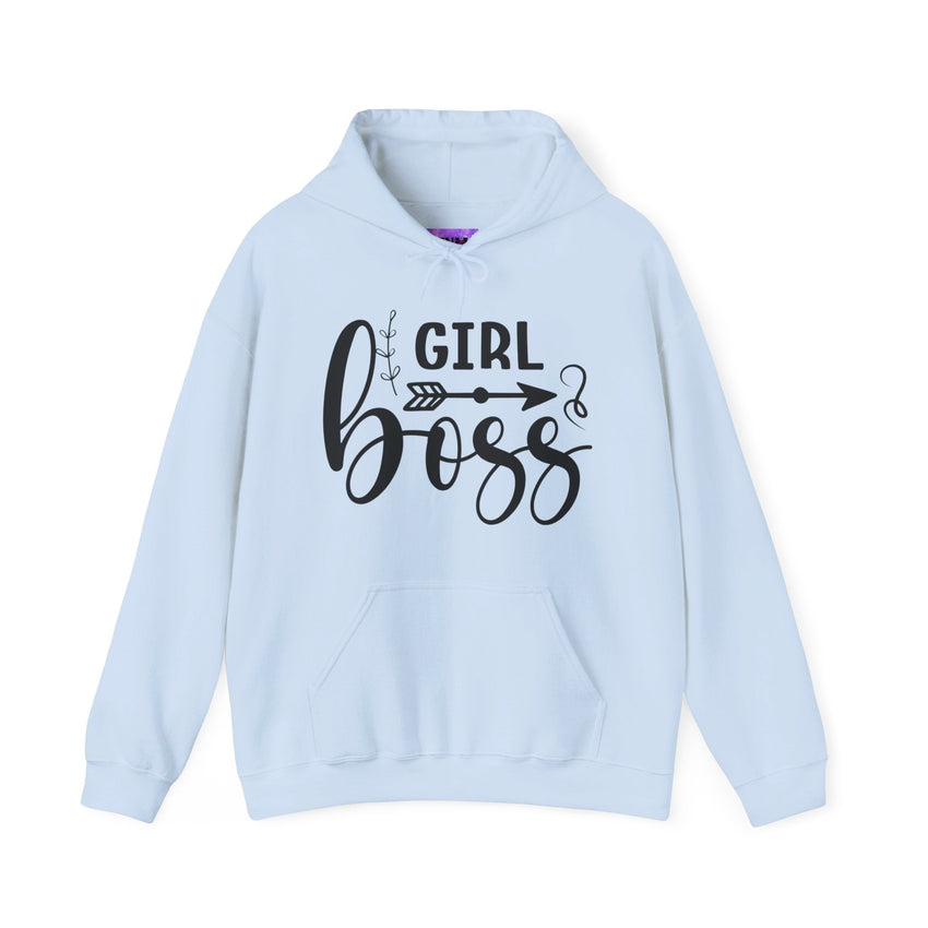 Stylish 'Girl Boss' hoodie available in various colours, featuring bold black text with an arrow design. Perfect for empowering women to showcase confidence and leadership in a cozy and comfortable fit.