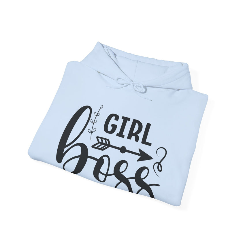 Stylish 'Girl Boss' hoodie available in various colours, featuring bold black text with an arrow design. Perfect for empowering women to showcase confidence and leadership in a cozy and comfortable fit.