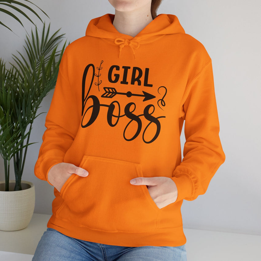 Stylish 'Girl Boss' hoodie available in various colours, featuring bold black text with an arrow design. Perfect for empowering women to showcase confidence and leadership in a cozy and comfortable fit.