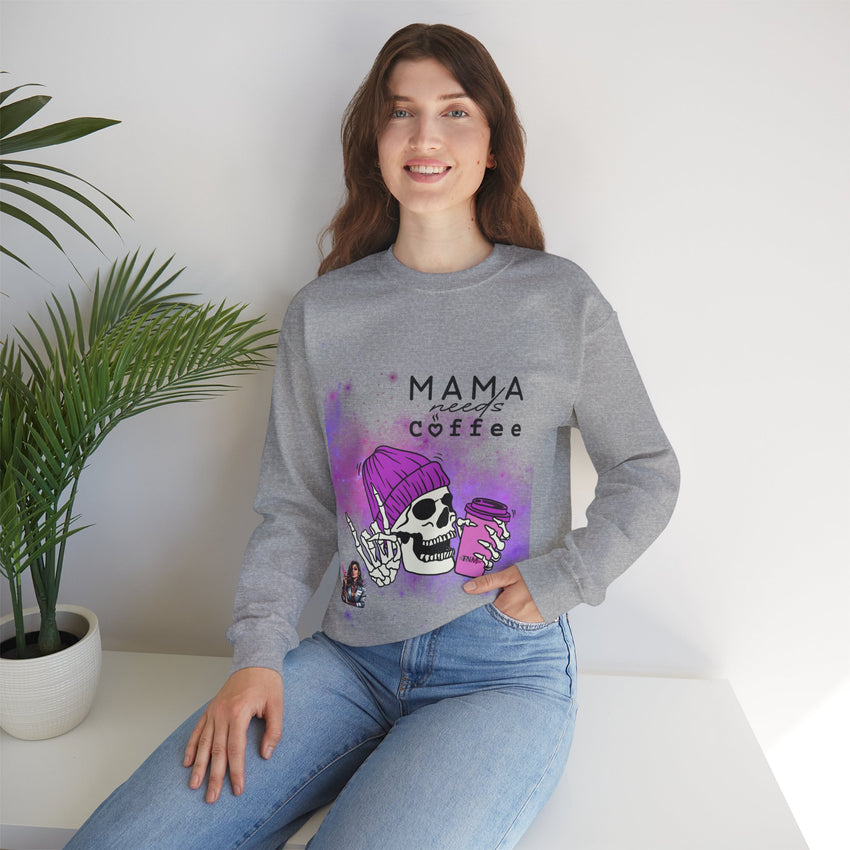 Mama Needs Coffee - Heavy Blend™ Crewneck SweatshirtS M L XL 2XL 3XL 4XL Width, cm 50.80 55.90 60.96 66.04 71.12 76.20 81.28 Length, cm 68.58 71.12 73.66 76.20 78.74 81.28 83.82 Sleeve length (from center back), cm 85.09 87.63 90.17 92.71 95.25 97.79 100.