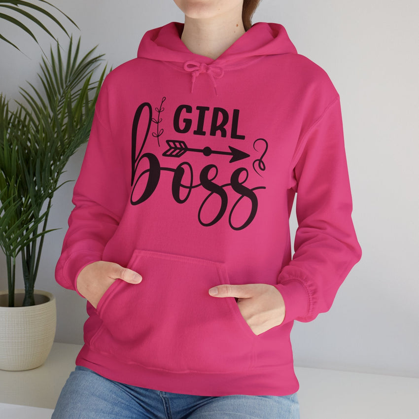 Stylish 'Girl Boss' hoodie available in various colours, featuring bold black text with an arrow design. Perfect for empowering women to showcase confidence and leadership in a cozy and comfortable fit.