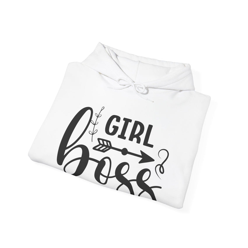 Stylish 'Girl Boss' hoodie available in various colours, featuring bold black text with an arrow design. Perfect for empowering women to showcase confidence and leadership in a cozy and comfortable fit.