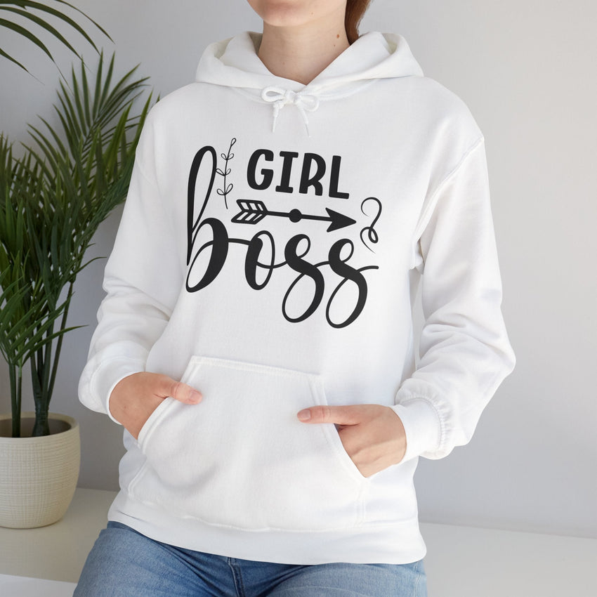 Stylish 'Girl Boss' hoodie available in various colours, featuring bold black text with an arrow design. Perfect for empowering women to showcase confidence and leadership in a cozy and comfortable fit.