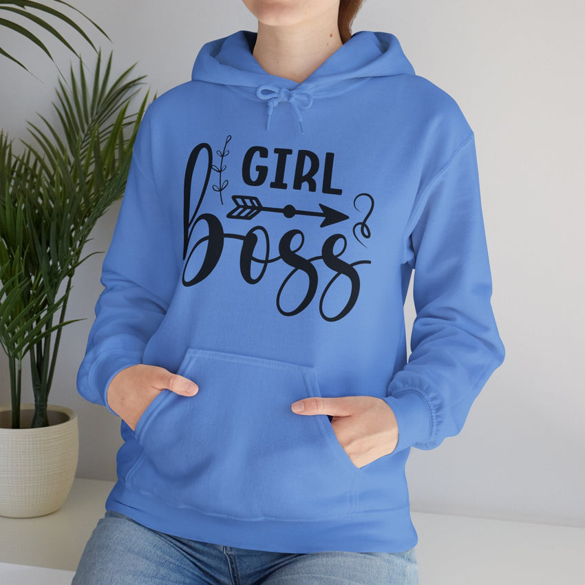 Stylish 'Girl Boss' hoodie available in various colours, featuring bold black text with an arrow design. Perfect for empowering women to showcase confidence and leadership in a cozy and comfortable fit.