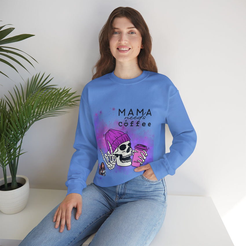 Mama Needs Coffee - Heavy Blend™ Crewneck SweatshirtS M L XL 2XL 3XL 4XL Width, cm 50.80 55.90 60.96 66.04 71.12 76.20 81.28 Length, cm 68.58 71.12 73.66 76.20 78.74 81.28 83.82 Sleeve length (from center back), cm 85.09 87.63 90.17 92.71 95.25 97.79 100.