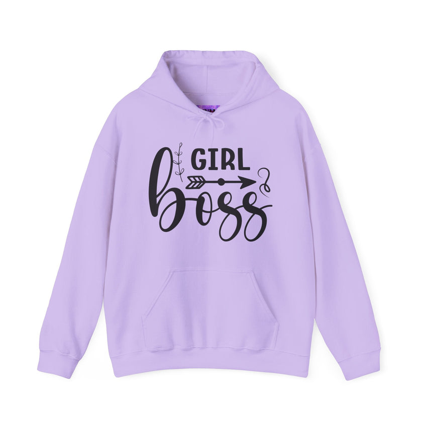 Stylish 'Girl Boss' hoodie available in various colours, featuring bold black text with an arrow design. Perfect for empowering women to showcase confidence and leadership in a cozy and comfortable fit.