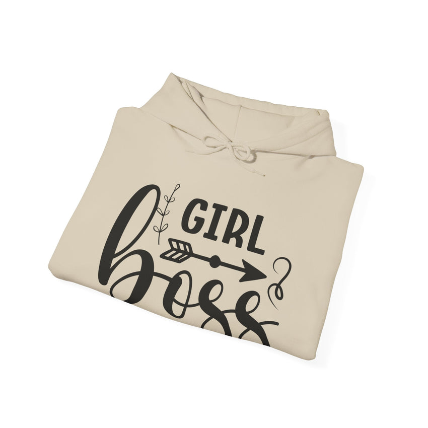 Stylish 'Girl Boss' hoodie available in various colours, featuring bold black text with an arrow design. Perfect for empowering women to showcase confidence and leadership in a cozy and comfortable fit.