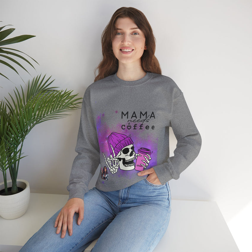 Mama Needs Coffee - Heavy Blend™ Crewneck SweatshirtS M L XL 2XL 3XL 4XL Width, cm 50.80 55.90 60.96 66.04 71.12 76.20 81.28 Length, cm 68.58 71.12 73.66 76.20 78.74 81.28 83.82 Sleeve length (from center back), cm 85.09 87.63 90.17 92.71 95.25 97.79 100.