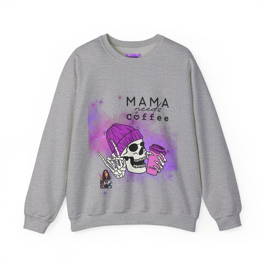 Mama Needs Coffee - Heavy Blend™ Crewneck SweatshirtS M L XL 2XL 3XL 4XL Width, cm 50.80 55.90 60.96 66.04 71.12 76.20 81.28 Length, cm 68.58 71.12 73.66 76.20 78.74 81.28 83.82 Sleeve length (from center back), cm 85.09 87.63 90.17 92.71 95.25 97.79 100.