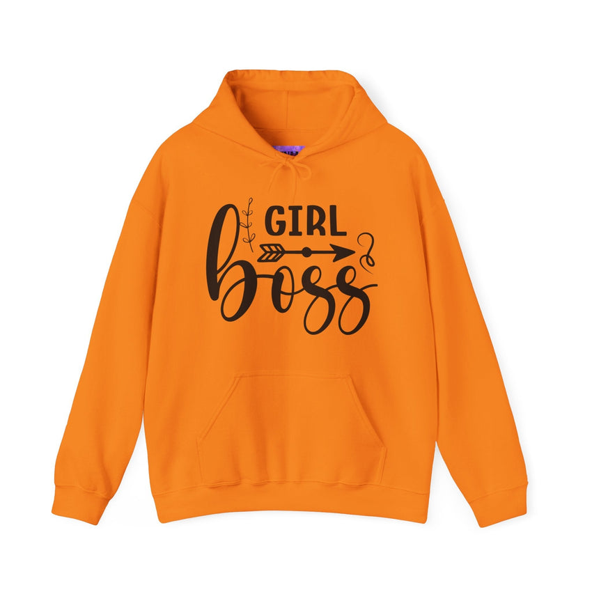 Stylish 'Girl Boss' hoodie available in various colours, featuring bold black text with an arrow design. Perfect for empowering women to showcase confidence and leadership in a cozy and comfortable fit.