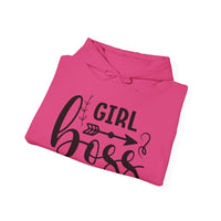 Stylish 'Girl Boss' hoodie available in various colours, featuring bold black text with an arrow design. Perfect for empowering women to showcase confidence and leadership in a cozy and comfortable fit.