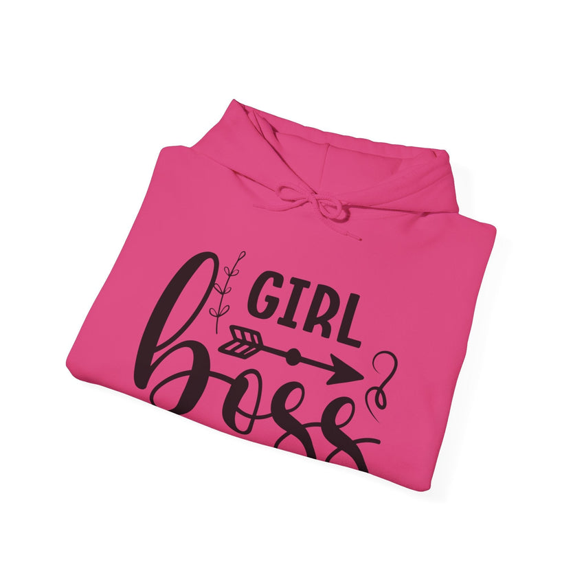 Stylish 'Girl Boss' hoodie available in various colours, featuring bold black text with an arrow design. Perfect for empowering women to showcase confidence and leadership in a cozy and comfortable fit.