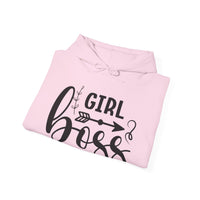 Stylish 'Girl Boss' hoodie available in various colours, featuring bold black text with an arrow design. Perfect for empowering women to showcase confidence and leadership in a cozy and comfortable fit.