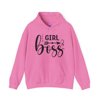 Stylish 'Girl Boss' hoodie available in various colours, featuring bold black text with an arrow design. Perfect for empowering women to showcase confidence and leadership in a cozy and comfortable fit.