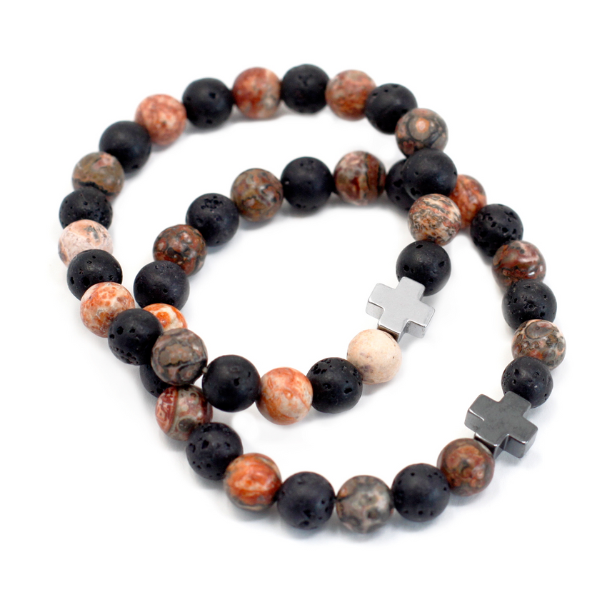 Set of 2 Gemstones Friendship Bracelets - Eternity - Leopard Skin Jasper & Lava Stone