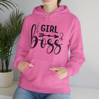 Stylish 'Girl Boss' hoodie available in various colours, featuring bold black text with an arrow design. Perfect for empowering women to showcase confidence and leadership in a cozy and comfortable fit.