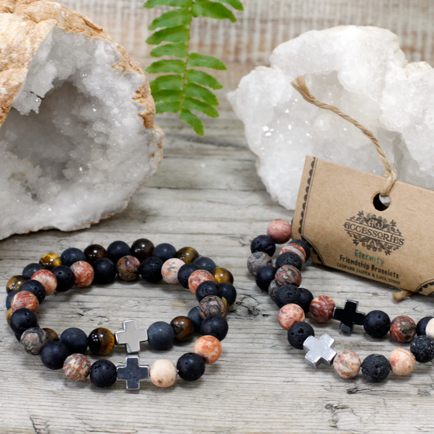 Set of 2 Gemstones Friendship Bracelets - Eternity - Leopard Skin Jasper & Lava Stone