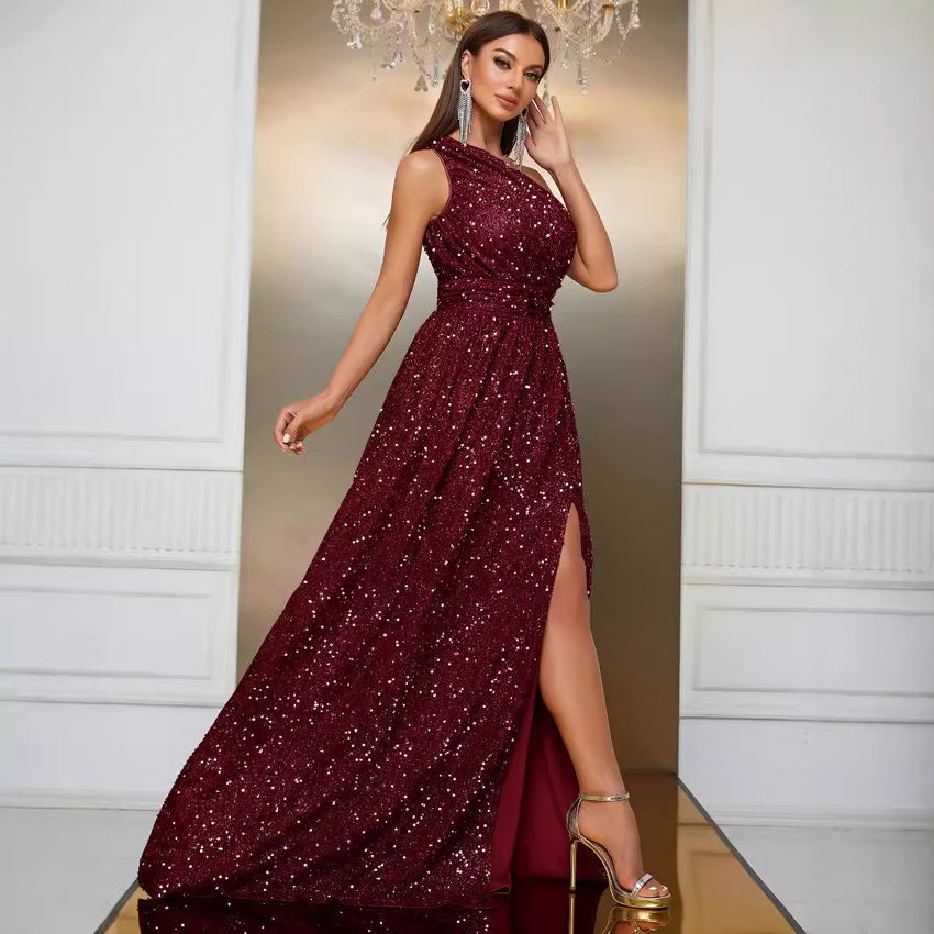 Sequined Slant Shoulder Party Dress - High-End Slit DesignProduct information:Shine at your next event with our stunning Sequined Slant Shoulder Party Dress. Crafted from high-quality polyester, this dress is available in elegant champagne and rich wine r