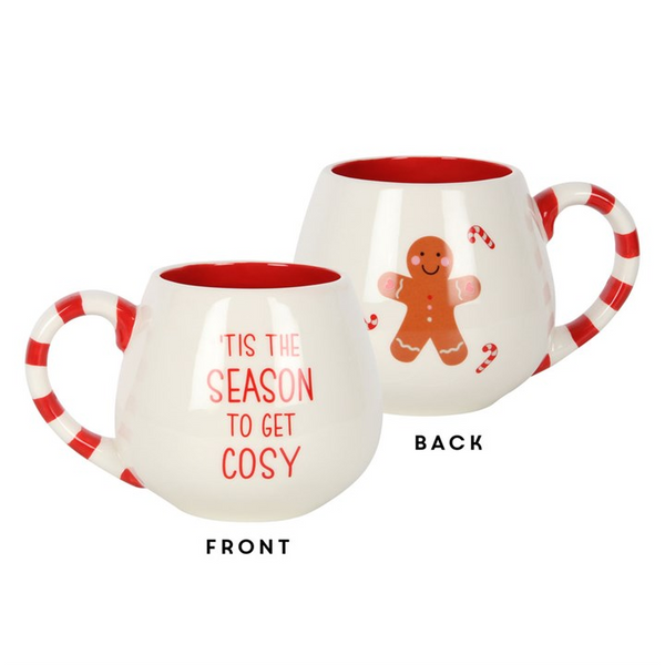 Cosy Season Rounded Mug with gingerbread man and candy cane design, festive text, and striped handle.