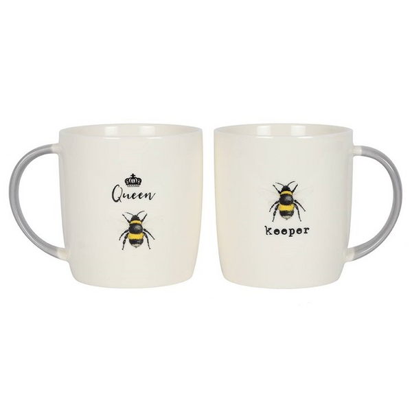 Queen Bee and Bee Keeper mug set with complimentary bee designs, ideal gift for couples.