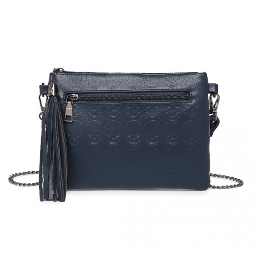 LH2412 - Miss Lulu Soft PU Ultra-Lightweight Clutch Bag with Skull Embossing Tassel Detail and Long Chain Shoulder Strap - Navy