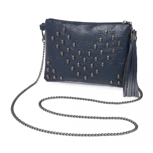 LH2412 - Miss Lulu Soft PU Ultra-Lightweight Clutch Bag with Skull Embossing Tassel Detail and Long Chain Shoulder Strap - Navy