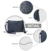 LH2412 - Miss Lulu Soft PU Ultra-Lightweight Clutch Bag with Skull Embossing Tassel Detail and Long Chain Shoulder Strap - Navy