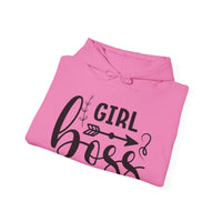 Stylish 'Girl Boss' hoodie available in various colours, featuring bold black text with an arrow design. Perfect for empowering women to showcase confidence and leadership in a cozy and comfortable fit.