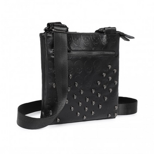 LH2419 - Miss Lulu Stylish Gothic Skull Embossed PU Leather Crossbody Messenger Bag with Metal Accents - Black