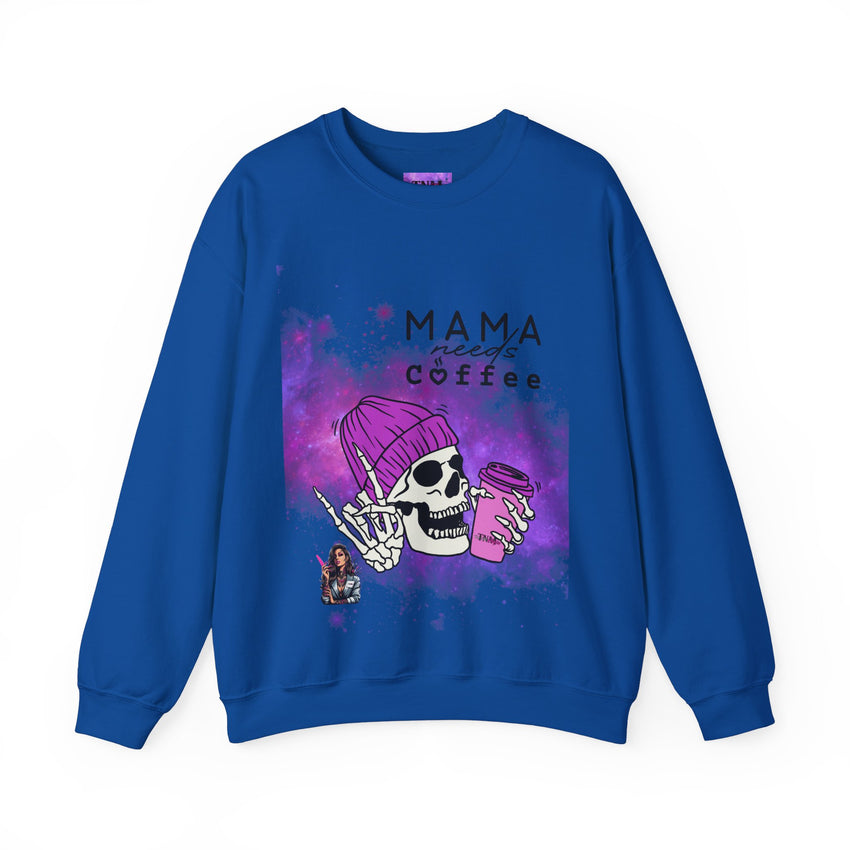 Mama Needs Coffee - Heavy Blend™ Crewneck SweatshirtS M L XL 2XL 3XL 4XL Width, cm 50.80 55.90 60.96 66.04 71.12 76.20 81.28 Length, cm 68.58 71.12 73.66 76.20 78.74 81.28 83.82 Sleeve length (from center back), cm 85.09 87.63 90.17 92.71 95.25 97.79 100.