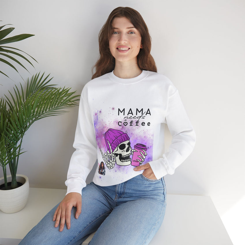 Mama Needs Coffee - Heavy Blend™ Crewneck SweatshirtS M L XL 2XL 3XL 4XL Width, cm 50.80 55.90 60.96 66.04 71.12 76.20 81.28 Length, cm 68.58 71.12 73.66 76.20 78.74 81.28 83.82 Sleeve length (from center back), cm 85.09 87.63 90.17 92.71 95.25 97.79 100.