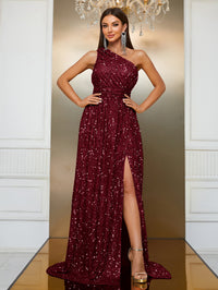 Sequined Slant Shoulder Party Dress - High-End Slit DesignProduct information:Shine at your next event with our stunning Sequined Slant Shoulder Party Dress. Crafted from high-quality polyester, this dress is available in elegant champagne and rich wine r