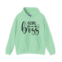 Stylish 'Girl Boss' hoodie available in various colours, featuring bold black text with an arrow design. Perfect for empowering women to showcase confidence and leadership in a cozy and comfortable fit.