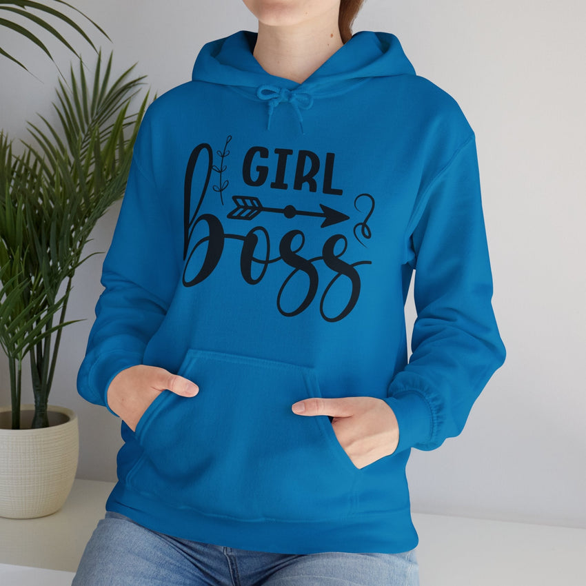 Stylish 'Girl Boss' hoodie available in various colours, featuring bold black text with an arrow design. Perfect for empowering women to showcase confidence and leadership in a cozy and comfortable fit.