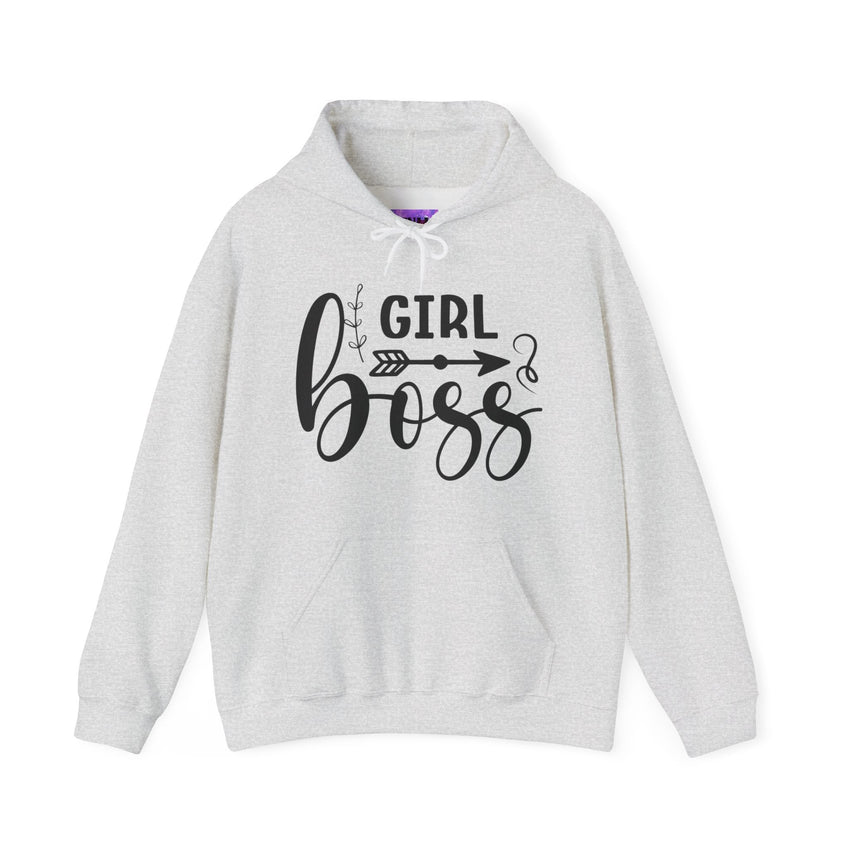 Stylish 'Girl Boss' hoodie available in various colours, featuring bold black text with an arrow design. Perfect for empowering women to showcase confidence and leadership in a cozy and comfortable fit.