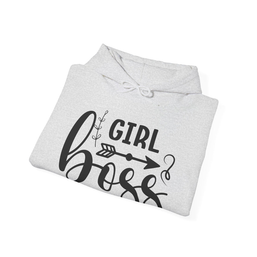 Stylish 'Girl Boss' hoodie available in various colours, featuring bold black text with an arrow design. Perfect for empowering women to showcase confidence and leadership in a cozy and comfortable fit.