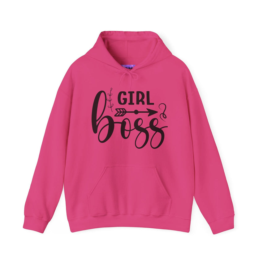 Stylish 'Girl Boss' hoodie available in various colours, featuring bold black text with an arrow design. Perfect for empowering women to showcase confidence and leadership in a cozy and comfortable fit.