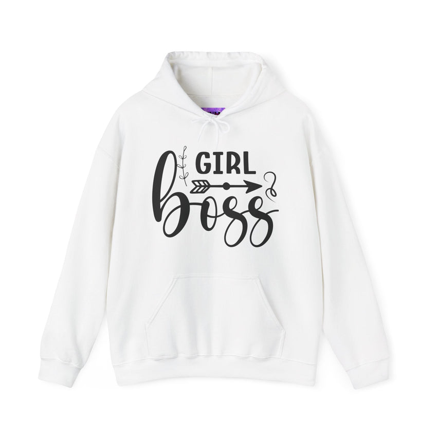 Stylish 'Girl Boss' hoodie available in various colours, featuring bold black text with an arrow design. Perfect for empowering women to showcase confidence and leadership in a cozy and comfortable fit.