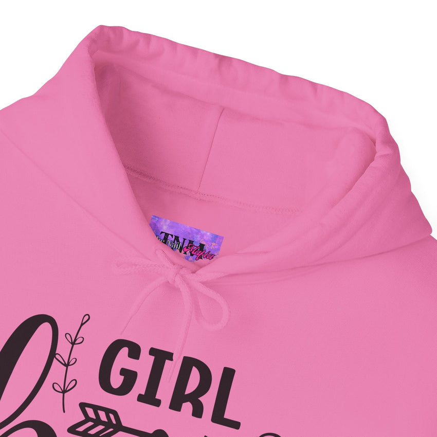 Stylish 'Girl Boss' hoodie available in various colours, featuring bold black text with an arrow design. Perfect for empowering women to showcase confidence and leadership in a cozy and comfortable fit.