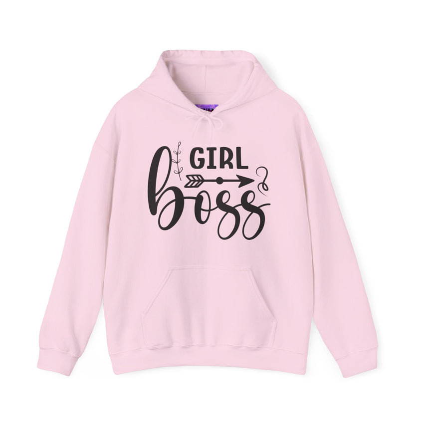 Stylish 'Girl Boss' hoodie available in various colours, featuring bold black text with an arrow design. Perfect for empowering women to showcase confidence and leadership in a cozy and comfortable fit.