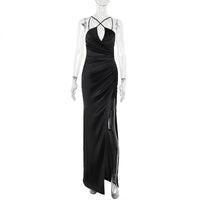 Cross-halterneck Sleeveless Split Long Dress Women Product information: Colour: Black Waist type: high waist Size: S,M,L Combination form: Single piece Fabric name: Polyester Sleeve length: sleeveless Skirt Category: Dress Craft: collage/stitching (Unit: