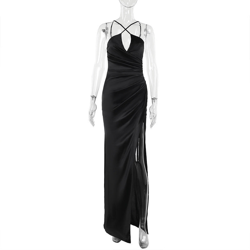 Cross-halterneck Sleeveless Split Long Dress Women Product information: Colour: Black Waist type: high waist Size: S,M,L Combination form: Single piece Fabric name: Polyester Sleeve length: sleeveless Skirt Category: Dress Craft: collage/stitching (Unit: