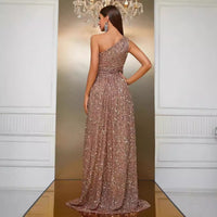 Sequined Slant Shoulder Party Dress - High-End Slit DesignProduct information:Shine at your next event with our stunning Sequined Slant Shoulder Party Dress. Crafted from high-quality polyester, this dress is available in elegant champagne and rich wine r