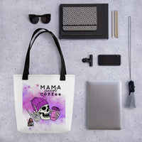 Mama Needs Coffee tote bag with skeleton graphic holding a coffee cup, featuring purple galaxy design. Spacious and durable, perfect for coffee lovers and busy mums.