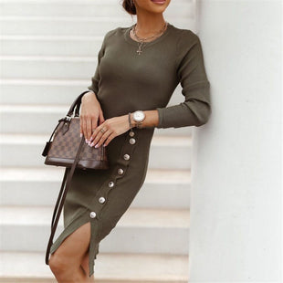 Ladies' Temperament Split Button Knit Skirt